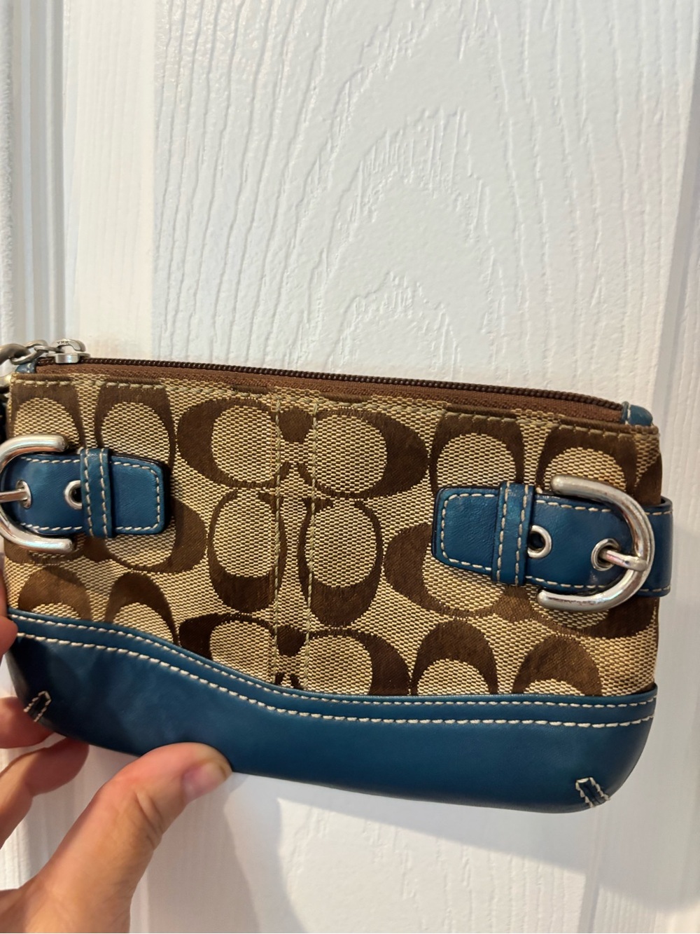 Coach Brown Signature Canvas Wristlet with Blue Leather Trim